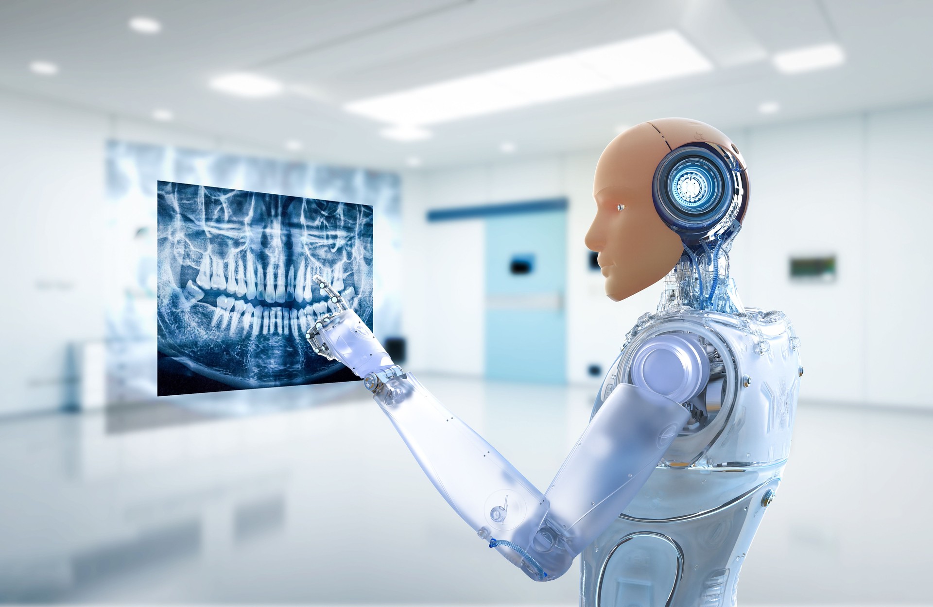 Medical technology concept with ai robot analyze x-ray teeth tomography
